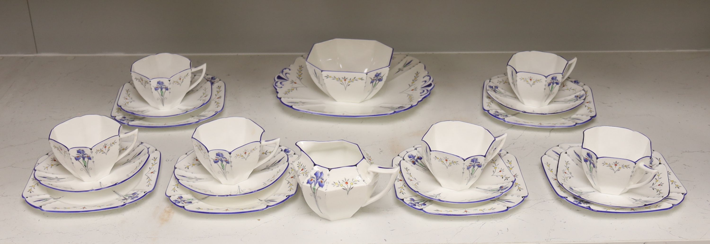 A Shelley Blue Iris pattern Queen Anne shape six piece teaset (21)